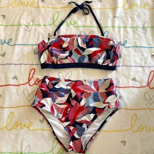 Blue Pink Floral Flower Leaf High Waist 2pc Bikini Top Bottoms Swim sz Large XL